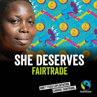 She Deserves Fairtrade graphic with Rosine